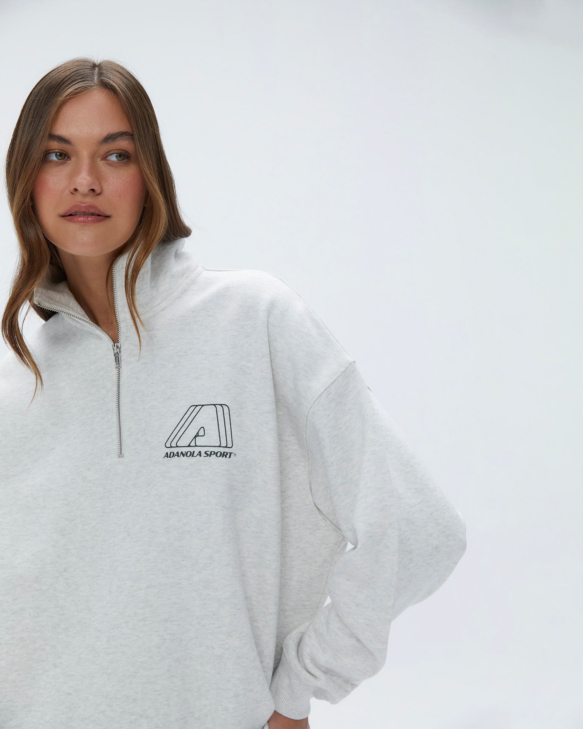 "A" Oversized Funnel Neck Zip Sweatshirt - Light Grey Melange/Dark Olive