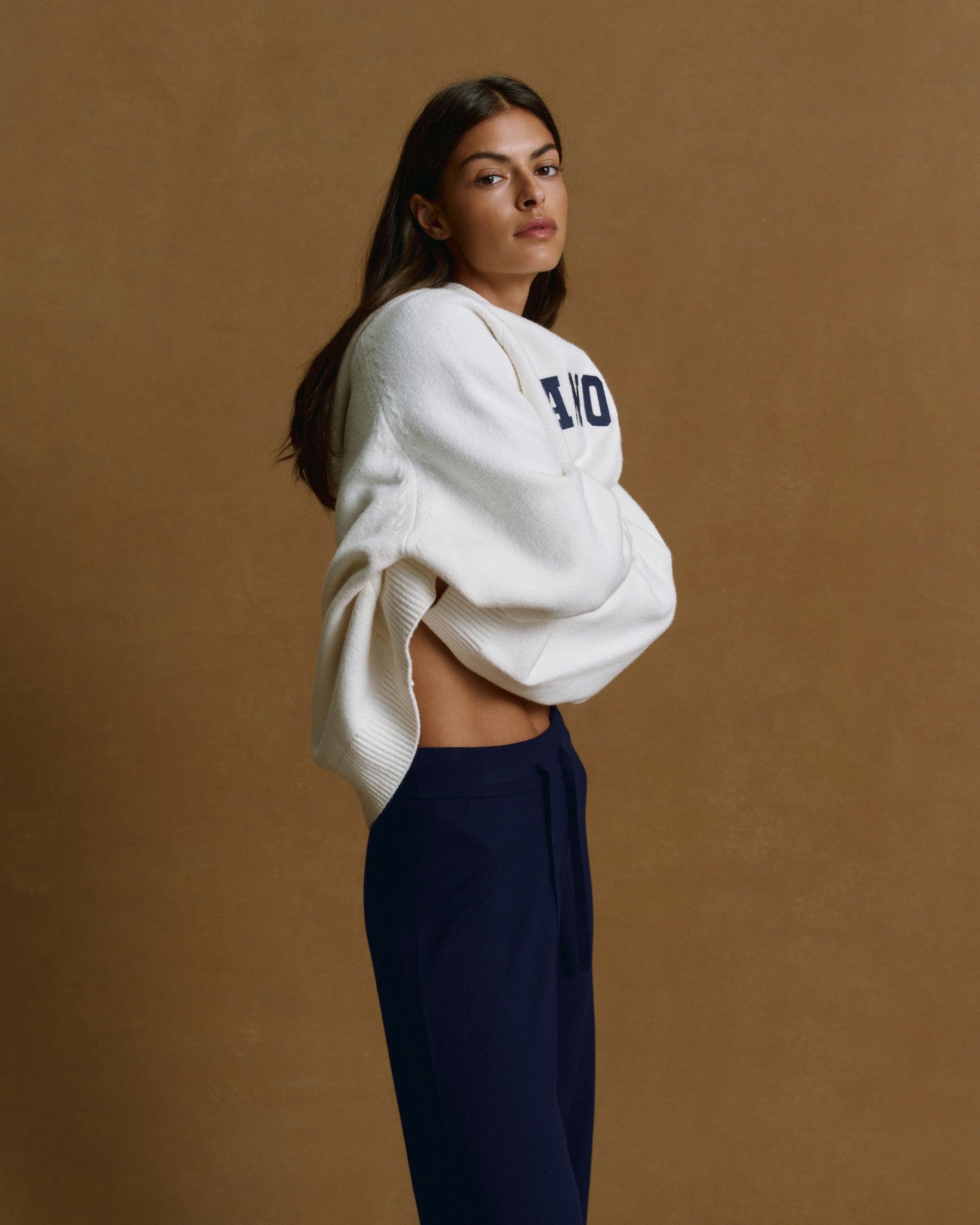 Varsity Oversized Knit Hoodie - Cream/Navy Blue