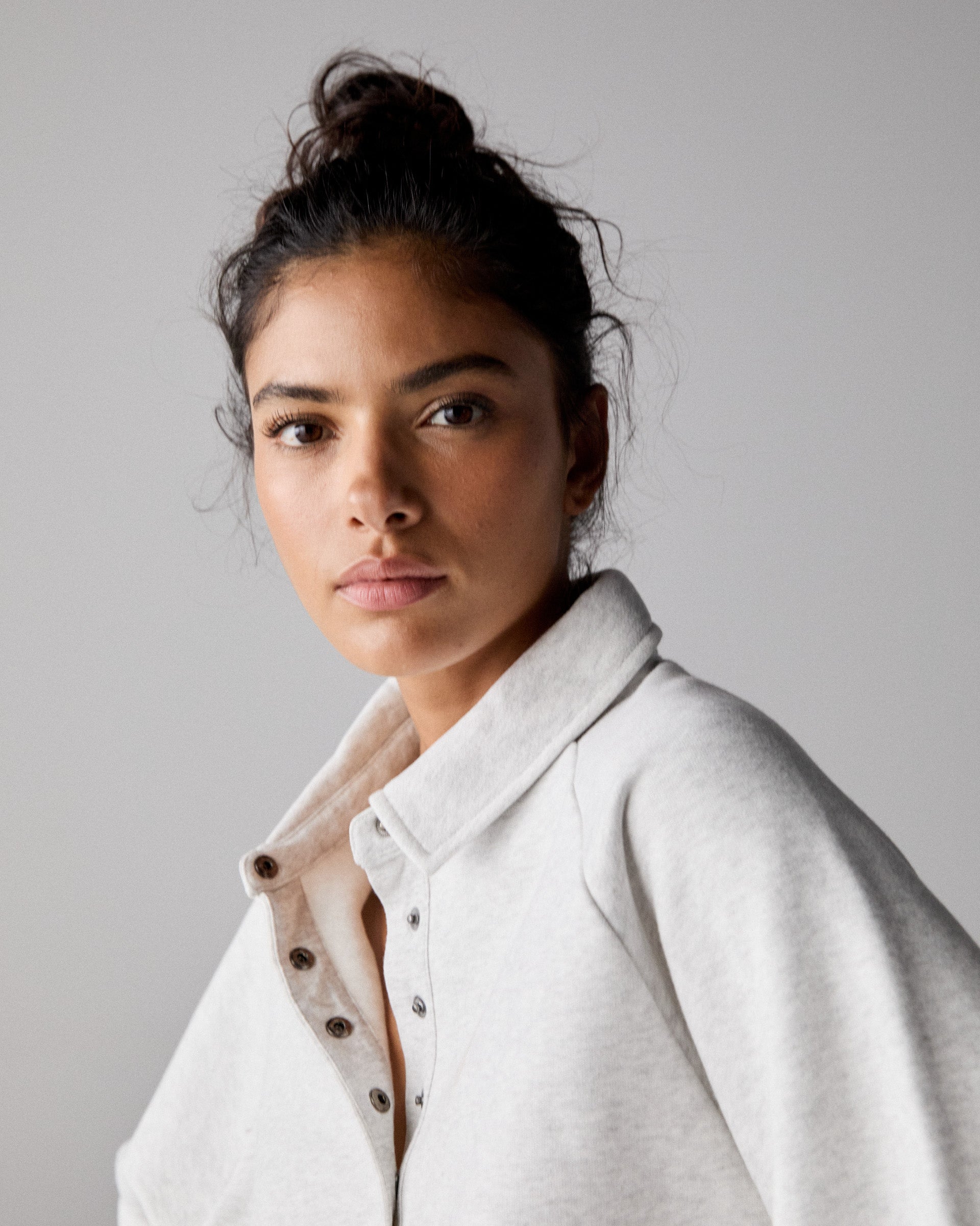 Slouchy Button Up Sweatshirt - Light Grey Melange