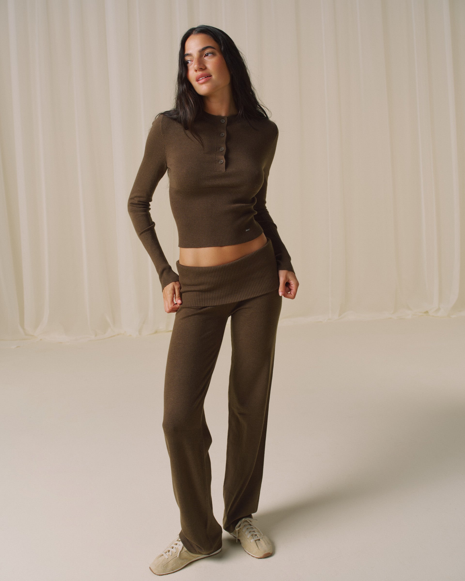 Knit Button Up Top - Dark Mocha Brown