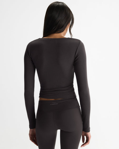 Soft Modal Rib Scoop Neck Long Sleeve Top - Coffee Bean